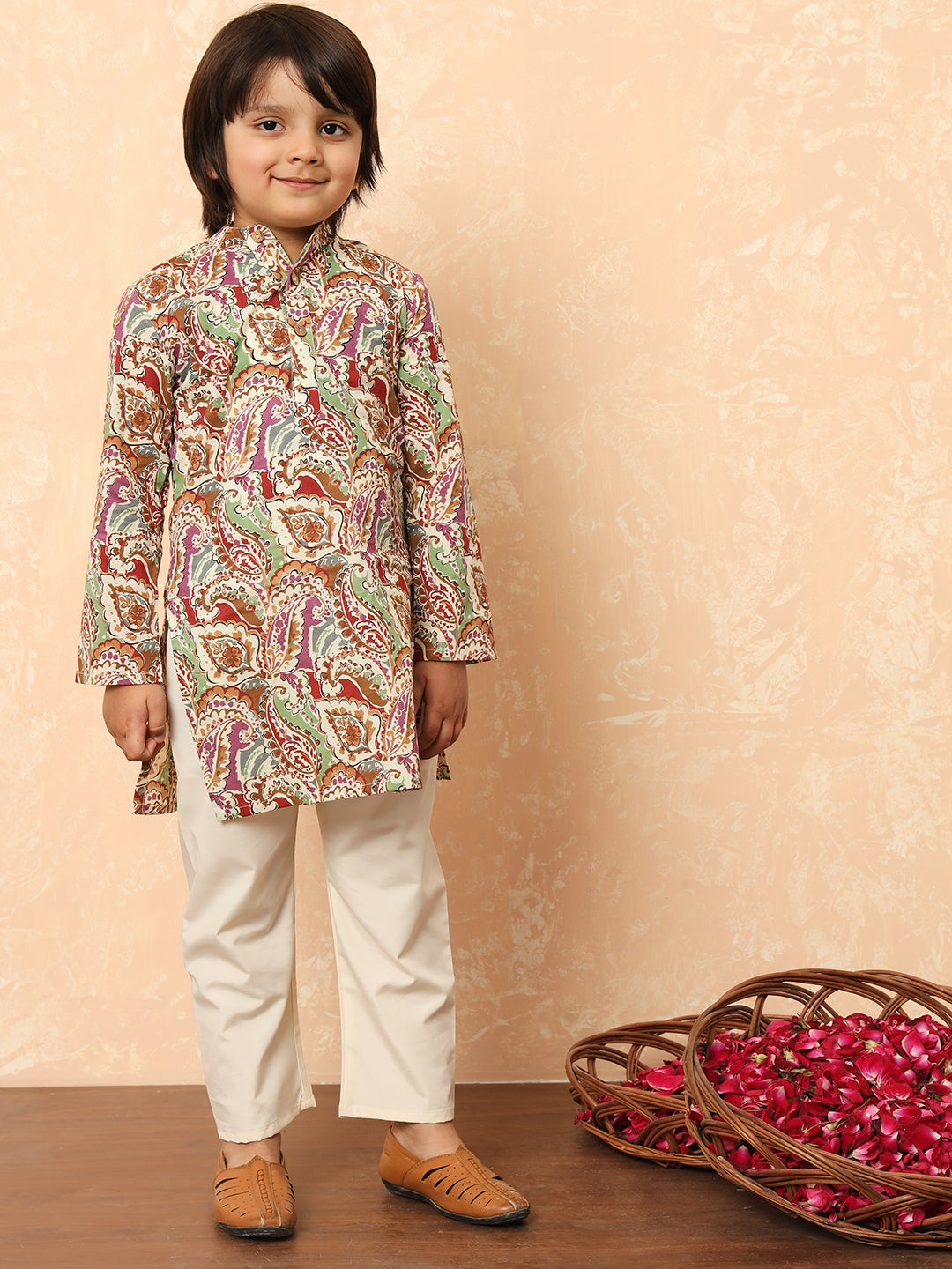 Boys Straight Style Cotton Fabric Purple Color Printed Kurta And Pyjama With Nehru Jacket