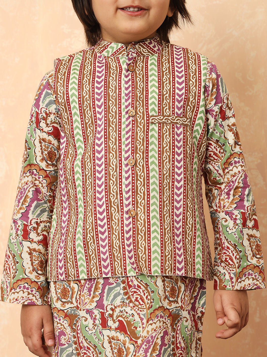 Boys Straight Style Cotton Fabric Purple Color Printed Kurta And Pyjama With Nehru Jacket