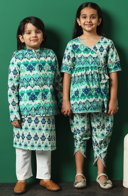 Boys Straight Style Cotton Fabric Sea Green Color Floral Printed Kurta And Pyjama With Nehru Jacket
