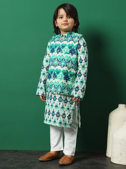 Boys Straight Style Cotton Fabric Sea Green Color Floral Printed Kurta And Pyjama With Nehru Jacket