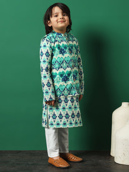 Boys Straight Style Cotton Fabric Sea Green Color Floral Printed Kurta And Pyjama With Nehru Jacket