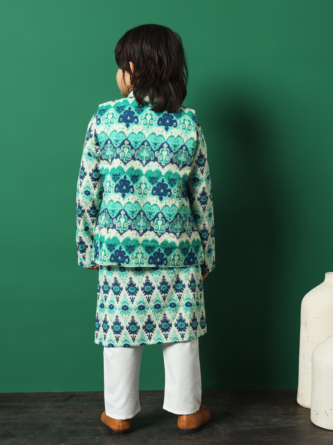 Boys Straight Style Cotton Fabric Sea Green Color Floral Printed Kurta And Pyjama With Nehru Jacket