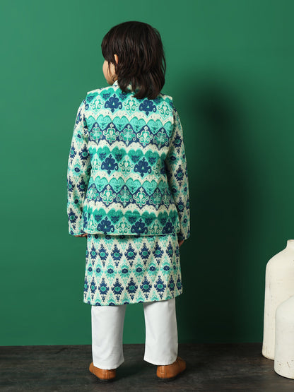 Boys Straight Style Cotton Fabric Sea Green Color Floral Printed Kurta And Pyjama With Nehru Jacket