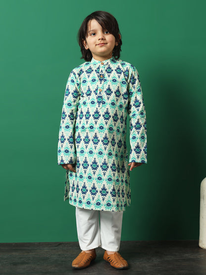 Boys Straight Style Cotton Fabric Sea Green Color Floral Printed Kurta And Pyjama With Nehru Jacket