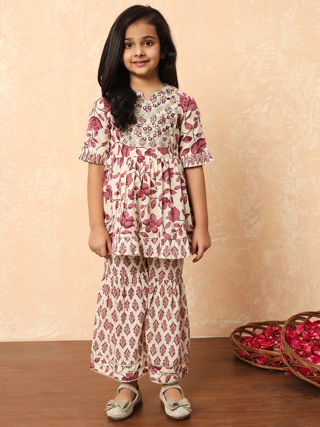 Girls Frock Style Cotton Fabric Purple Color Printed Kurti And Sharara With Mirror And Zari Work