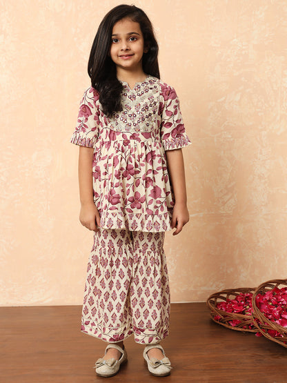 Girls Frock Style Cotton Fabric Purple Color Printed Kurti And Sharara With Mirror And Zari Work