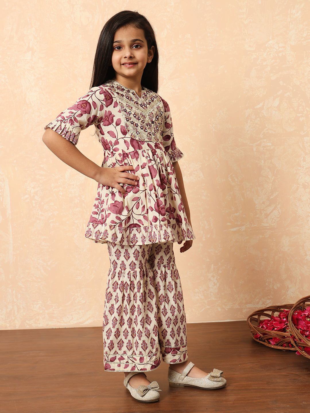 Girls Frock Style Cotton Fabric Purple Color Printed Kurti And Sharara With Mirror And Zari Work