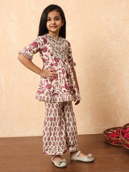 Girls Frock Style Cotton Fabric Purple Color Printed Kurti And Sharara With Mirror And Zari Work