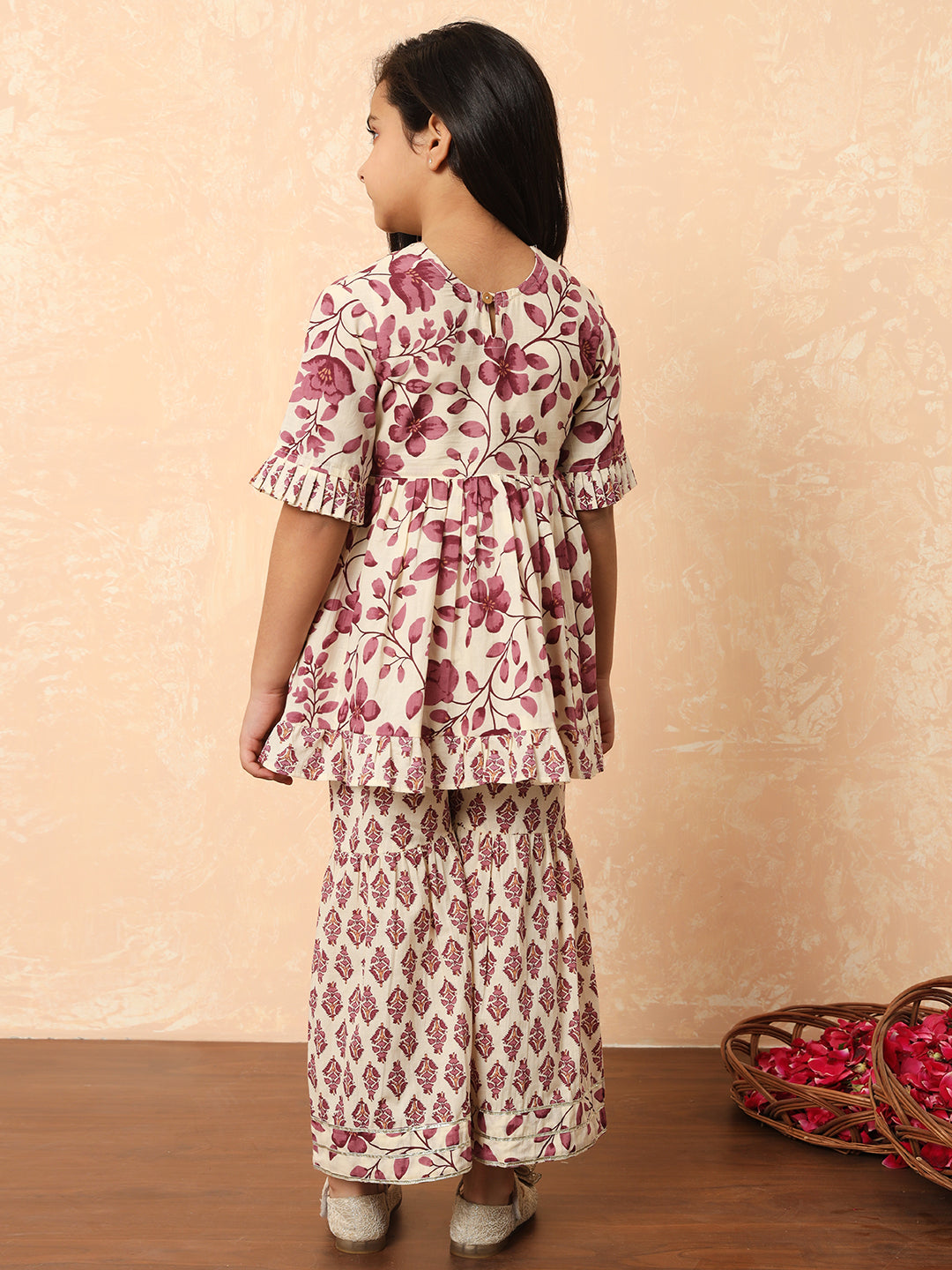 Girls Frock Style Cotton Fabric Purple Color Printed Kurti And Sharara With Mirror And Zari Work