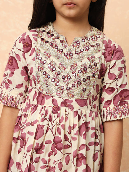 Girls Frock Style Cotton Fabric Purple Color Printed Kurti And Sharara With Mirror And Zari Work