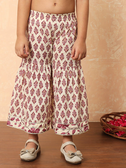 Girls Frock Style Cotton Fabric Purple Color Printed Kurti And Sharara With Mirror And Zari Work