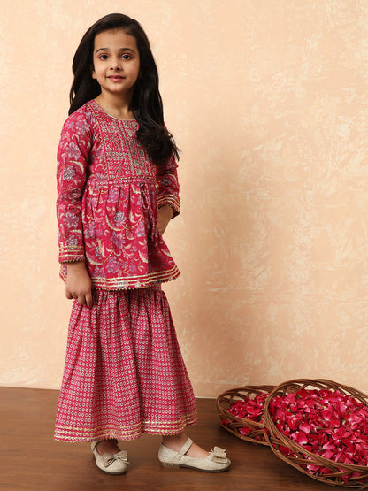 Girls Frock Style Cotton Fabric Pink Color Printed Kurti And Sharara With Sequin And Zari Work