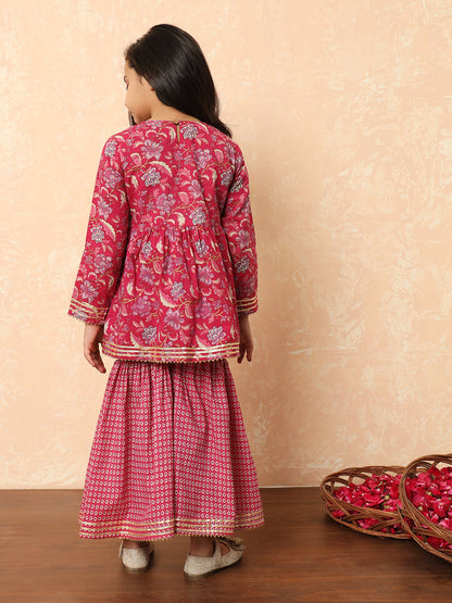 Girls Frock Style Cotton Fabric Pink Color Printed Kurti And Sharara With Sequin And Zari Work