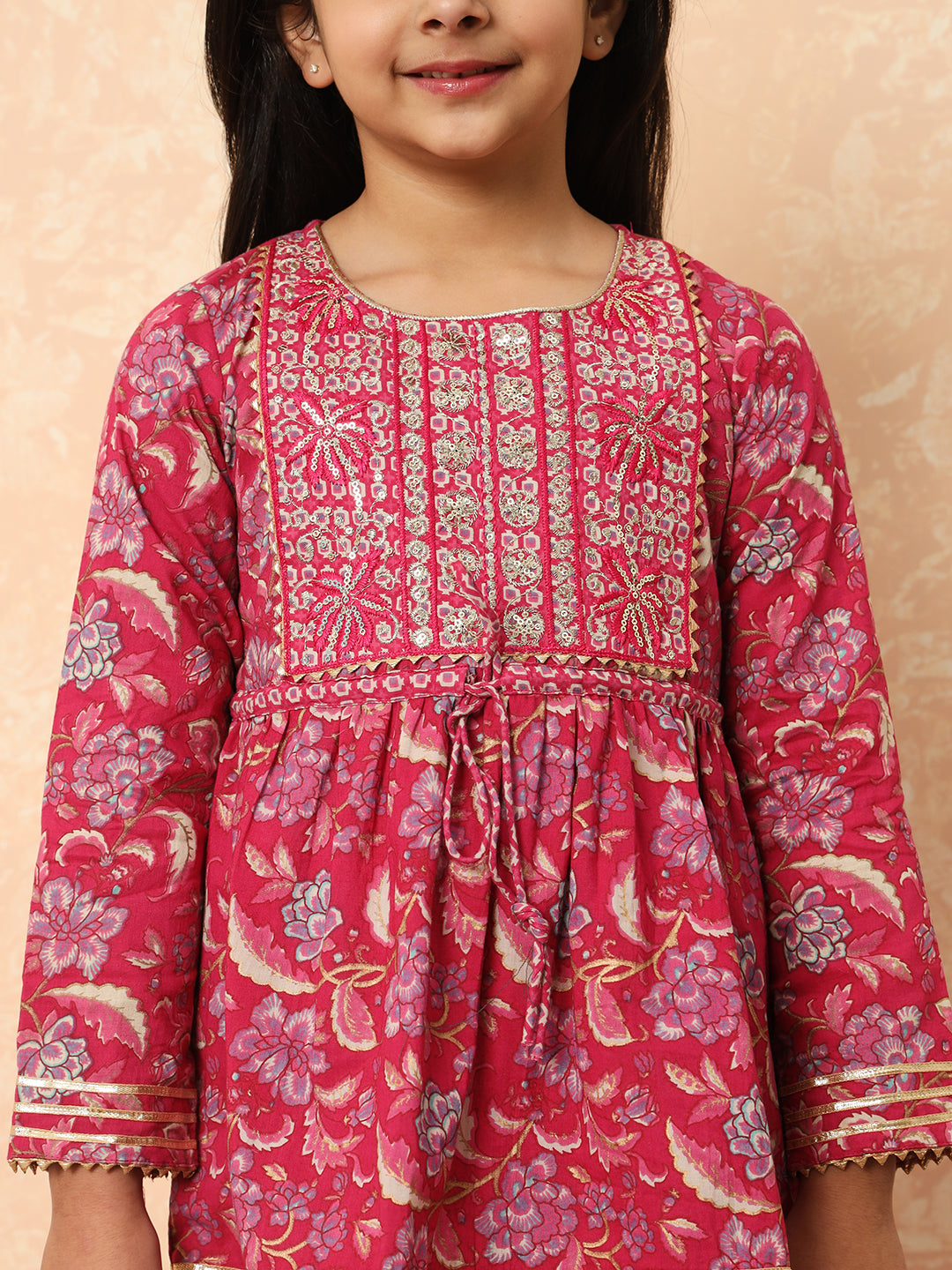 Girls Frock Style Cotton Fabric Pink Color Printed Kurti And Sharara With Sequin And Zari Work