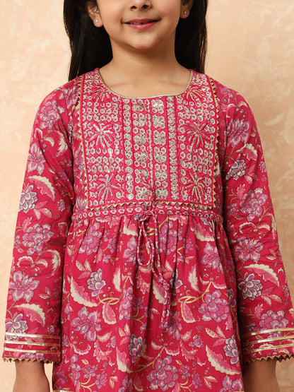 Girls Frock Style Cotton Fabric Pink Color Printed Kurti And Sharara With Sequin And Zari Work