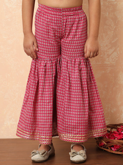 Girls Frock Style Cotton Fabric Pink Color Printed Kurti And Sharara With Sequin And Zari Work