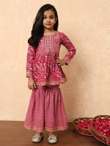 Girls Frock Style Cotton Fabric Pink Color Printed Kurti And Sharara With Sequin And Zari Work