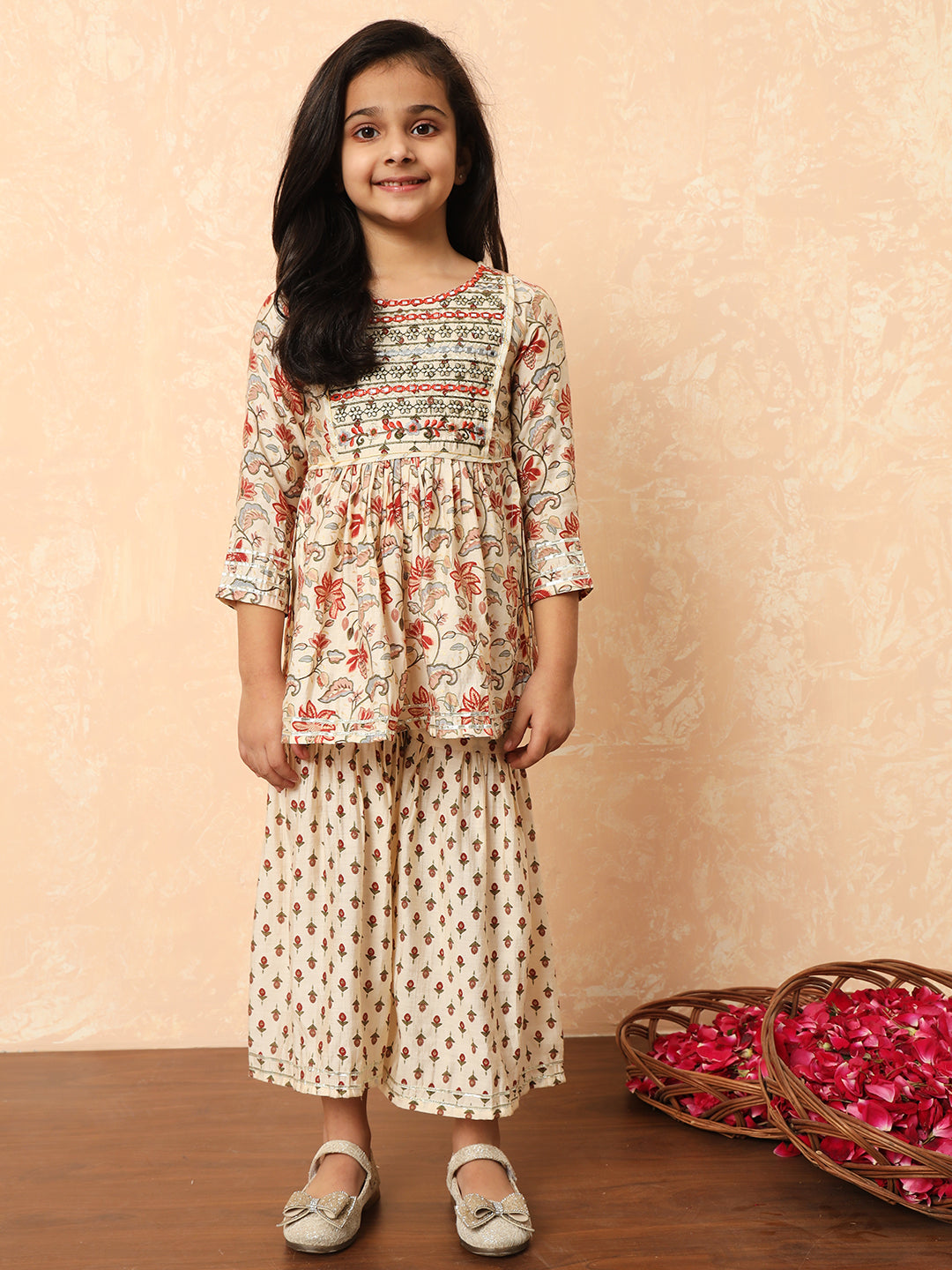 Girls Frock Style Silk Fabric Cream Color Printed Kurti And Sharara With Mirror And Zari Work