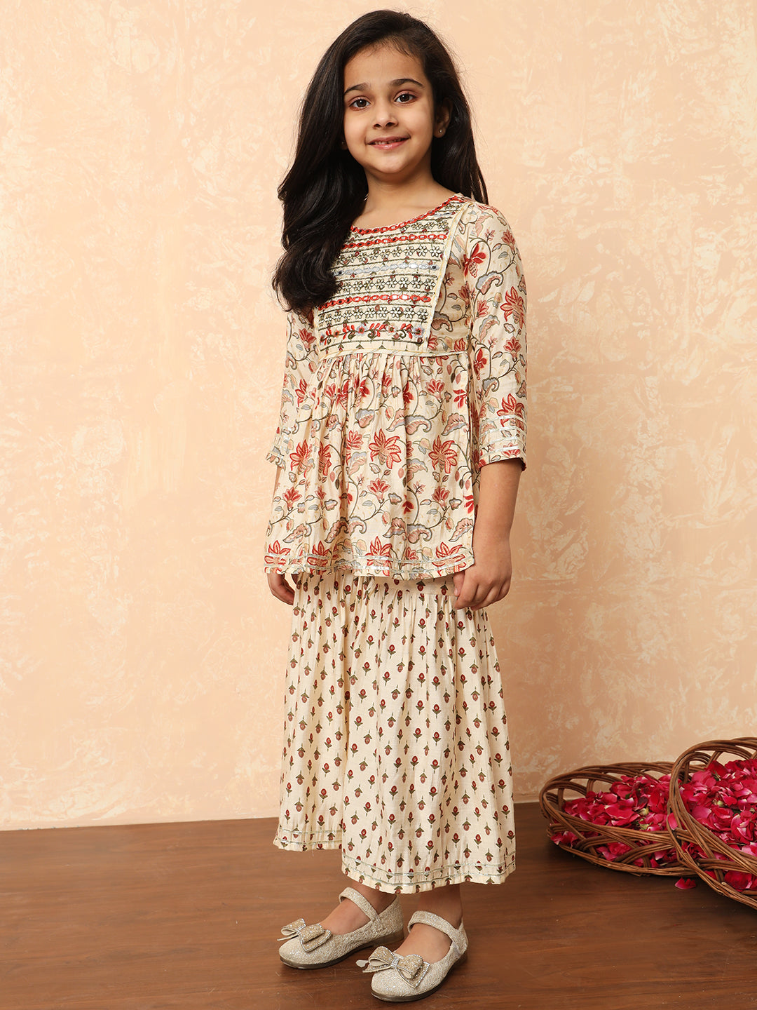 Girls Frock Style Silk Fabric Cream Color Printed Kurti And Sharara With Mirror And Zari Work