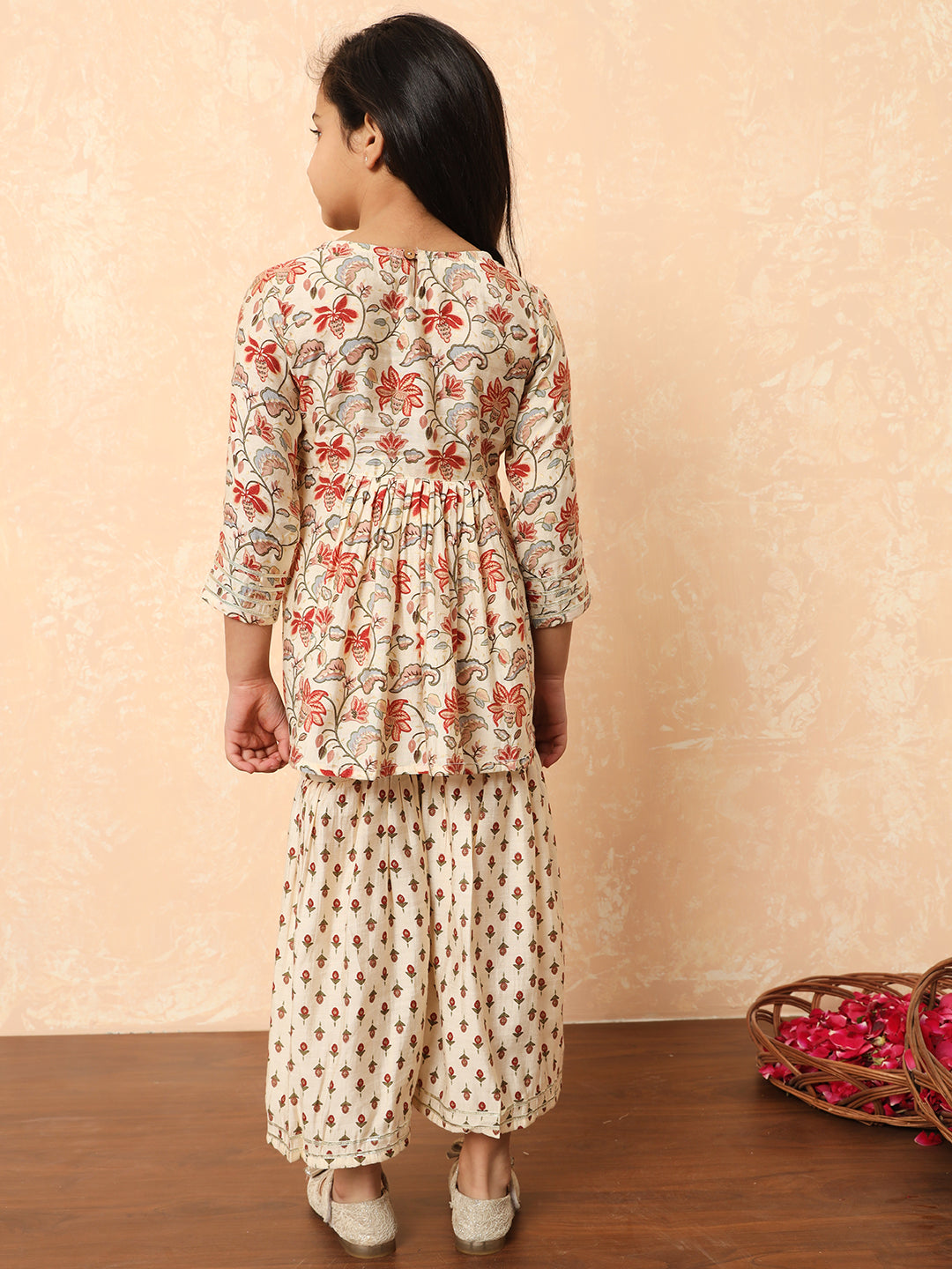 Girls Frock Style Silk Fabric Cream Color Printed Kurti And Sharara With Mirror And Zari Work