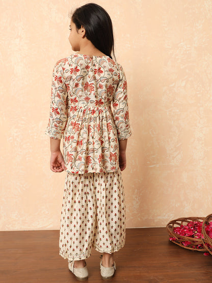 Girls Frock Style Silk Fabric Cream Color Printed Kurti And Sharara With Mirror And Zari Work