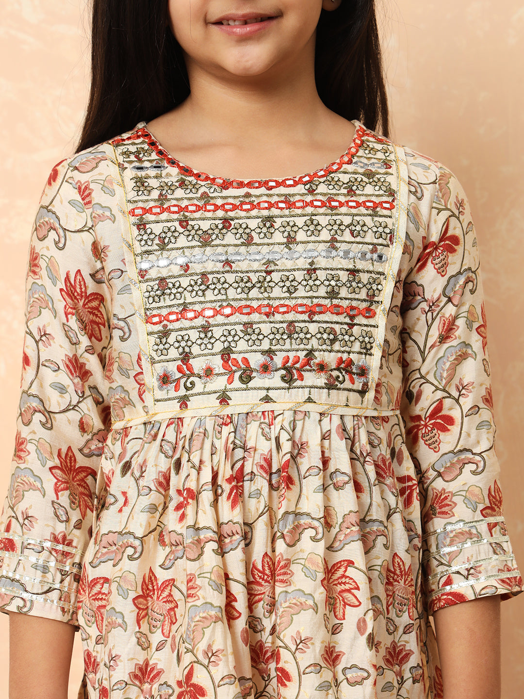 Girls Frock Style Silk Fabric Cream Color Printed Kurti And Sharara With Mirror And Zari Work