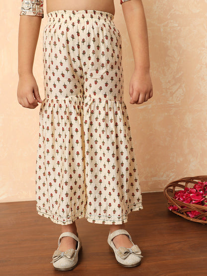 Girls Frock Style Silk Fabric Cream Color Printed Kurti And Sharara With Mirror And Zari Work