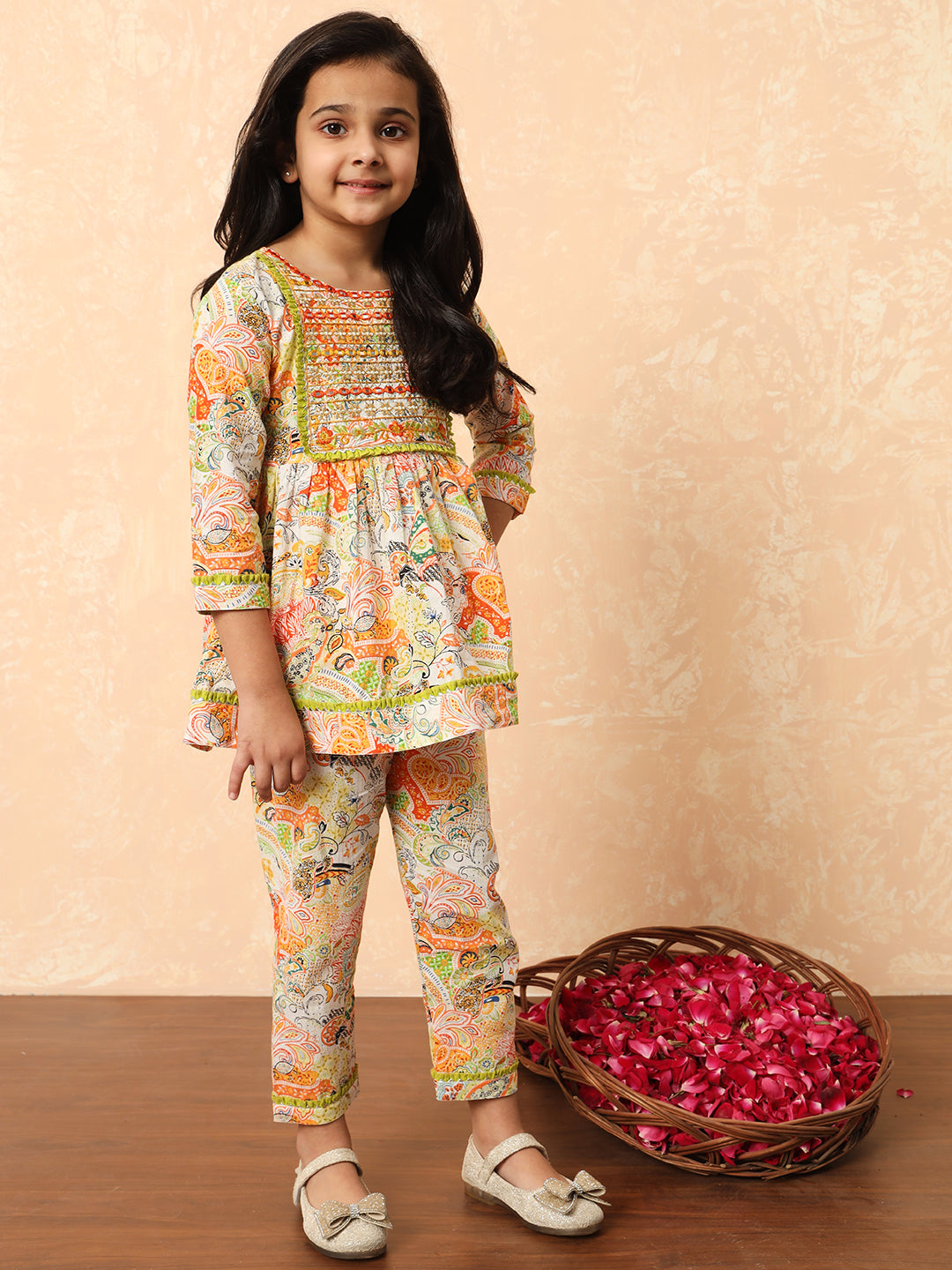 Girls Frock Style Cotton Fabric Green Color Printed Kurti And Pyjamas With Mirror And Zari Work
