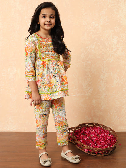 Girls Frock Style Cotton Fabric Green Color Printed Kurti And Pyjamas With Mirror And Zari Work