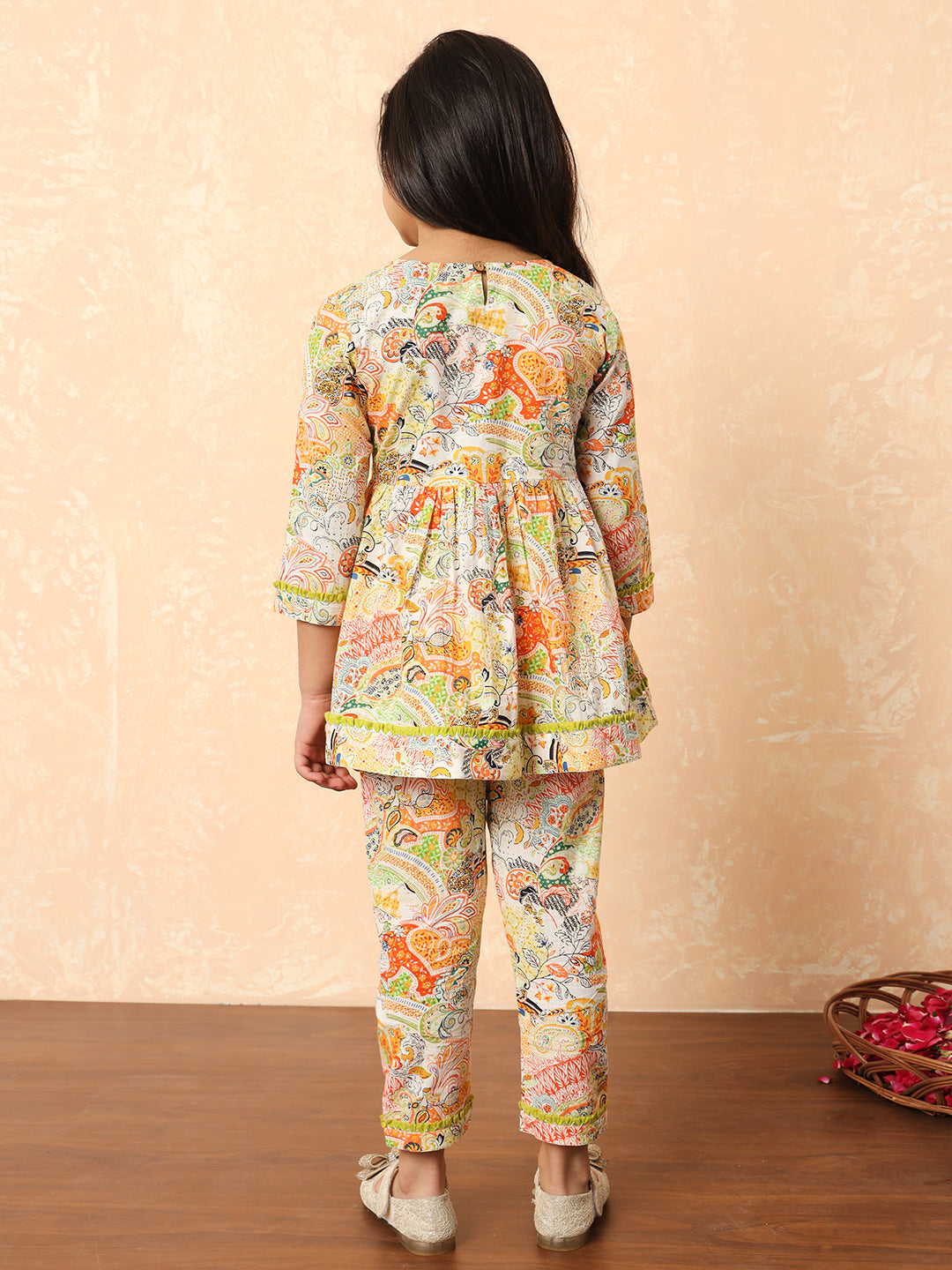 Girls Frock Style Cotton Fabric Green Color Printed Kurti And Pyjamas With Mirror And Zari Work