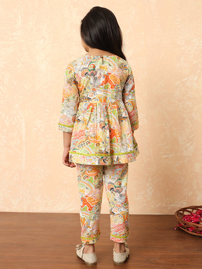 Girls Frock Style Cotton Fabric Green Color Printed Kurti And Pyjamas With Mirror And Zari Work