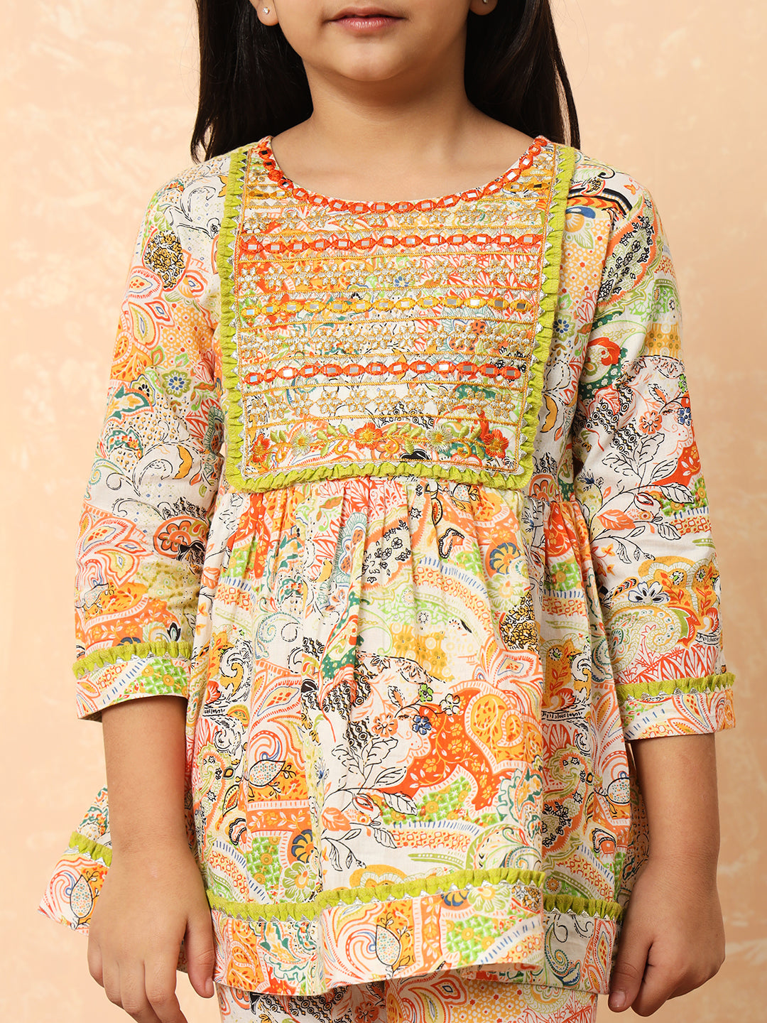 Girls Frock Style Cotton Fabric Green Color Printed Kurti And Pyjamas With Mirror And Zari Work