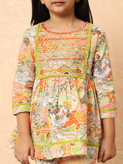 Girls Frock Style Cotton Fabric Green Color Printed Kurti And Pyjamas With Mirror And Zari Work