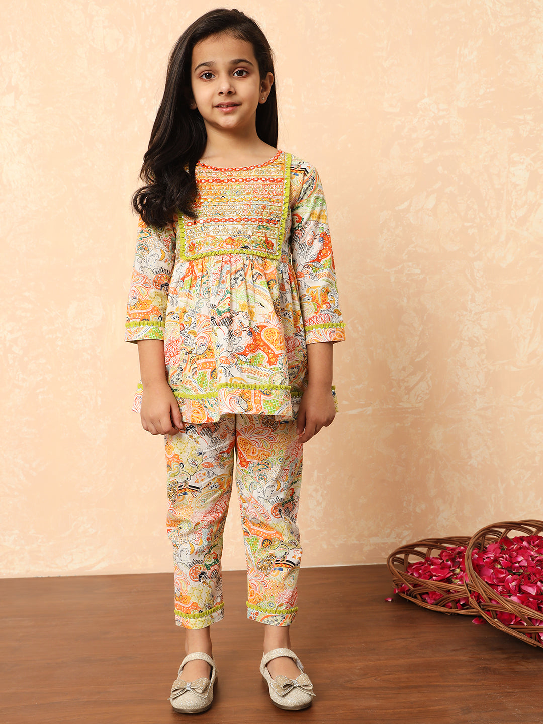 Girls Frock Style Cotton Fabric Green Color Printed Kurti And Pyjamas With Mirror And Zari Work