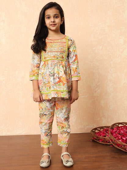Girls Frock Style Cotton Fabric Green Color Printed Kurti And Pyjamas With Mirror And Zari Work