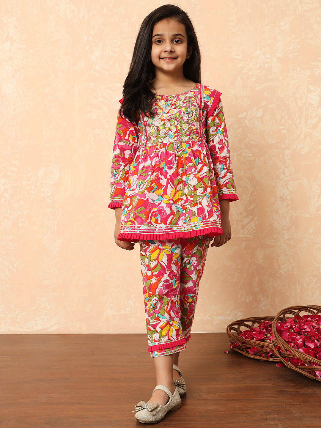 Girls Frock Style Cotton Fabric Pink Color Printed Kurti And Pyjamas With Mirror And Zari Work