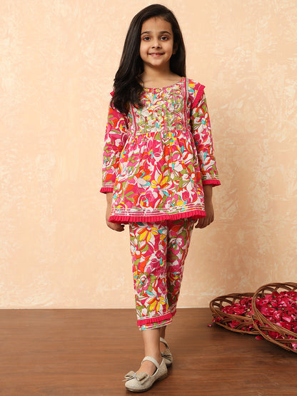 Girls Frock Style Cotton Fabric Pink Color Printed Kurti And Pyjamas With Mirror And Zari Work