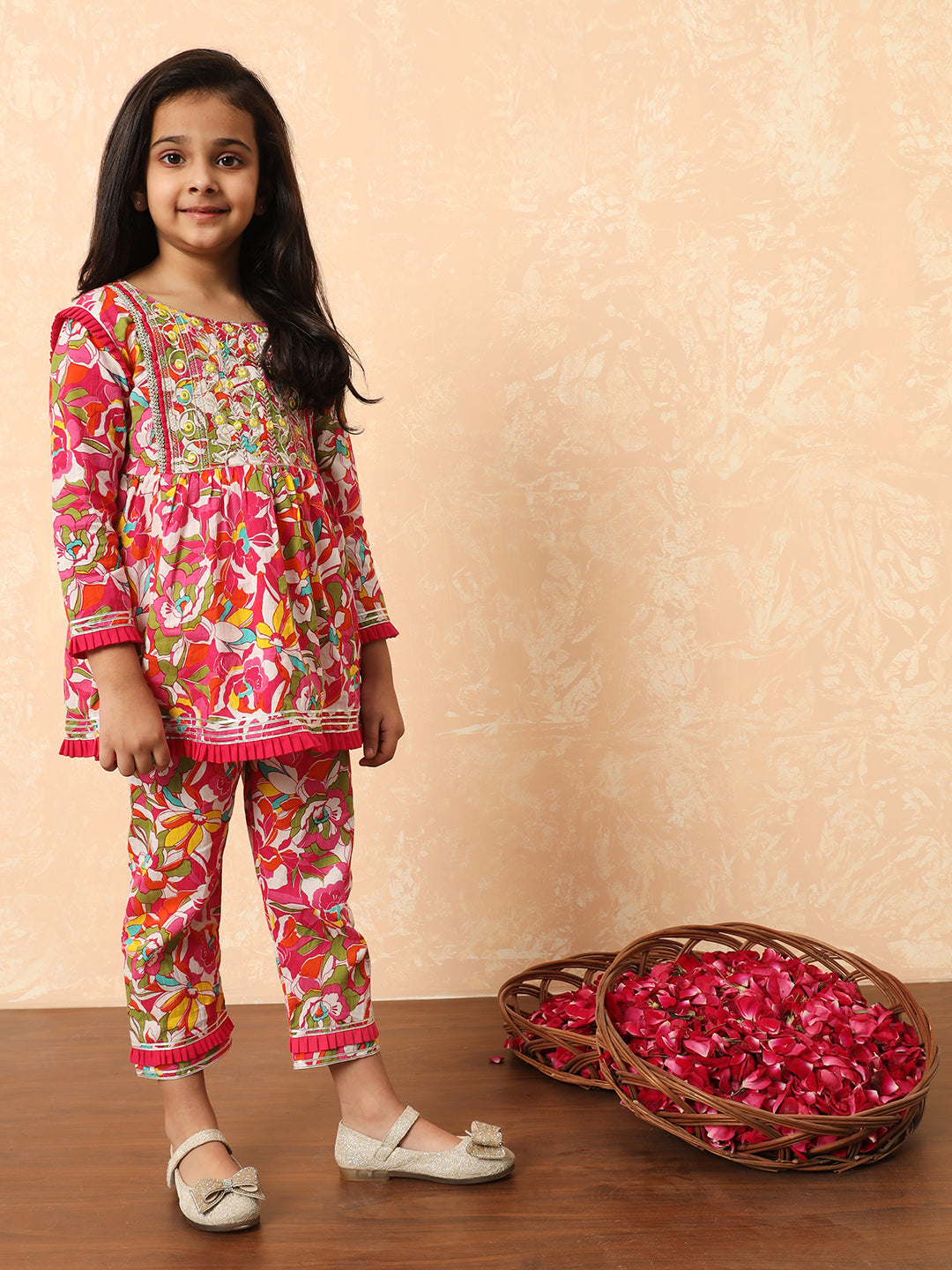 Girls Frock Style Cotton Fabric Pink Color Printed Kurti And Pyjamas With Mirror And Zari Work