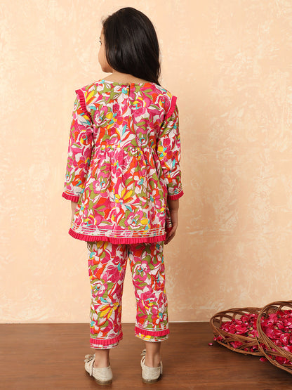 Girls Frock Style Cotton Fabric Pink Color Printed Kurti And Pyjamas With Mirror And Zari Work
