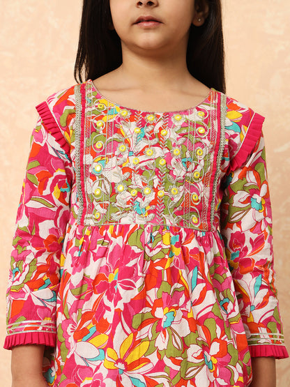 Girls Frock Style Cotton Fabric Pink Color Printed Kurti And Pyjamas With Mirror And Zari Work