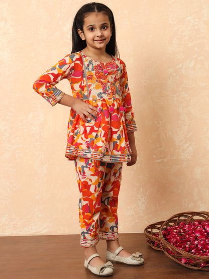 Girls Frock Style Cotton Fabric Orange Color Printed Kurti And Pyjama With Zari And Gotta Lace Work