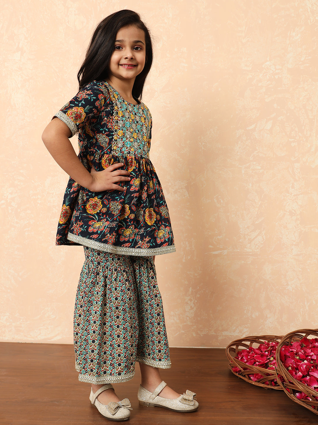 Girls Frock Style Cotton Fabric Navy Blue Color Printed Kurti And Sharara With Mirror And Thread Work