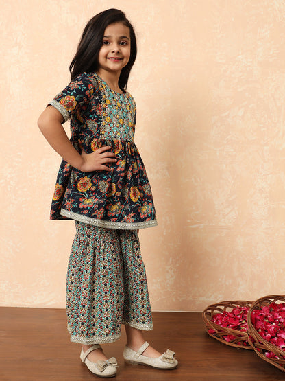 Girls Frock Style Cotton Fabric Navy Blue Color Printed Kurti And Sharara With Mirror And Thread Work
