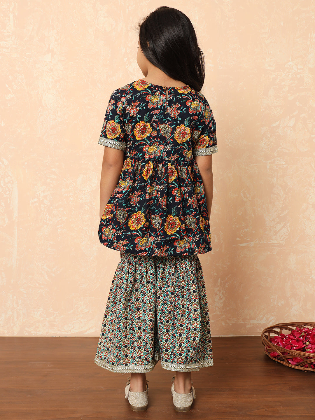 Girls Frock Style Cotton Fabric Navy Blue Color Printed Kurti And Sharara With Mirror And Thread Work