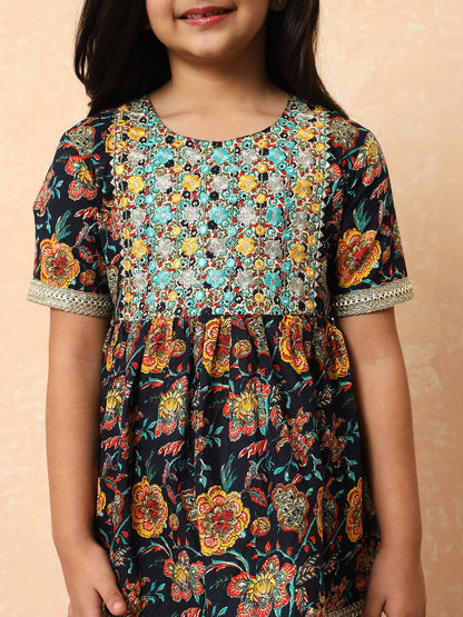 Girls Frock Style Cotton Fabric Navy Blue Color Printed Kurti And Sharara With Mirror And Thread Work