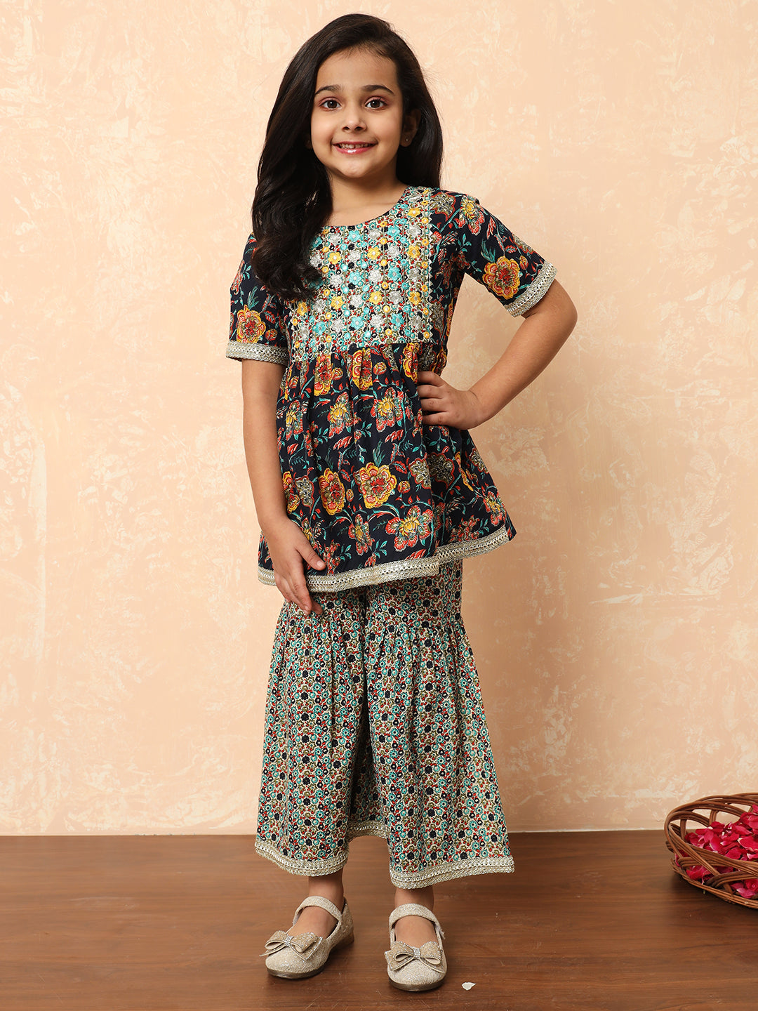 Girls Frock Style Cotton Fabric Navy Blue Color Printed Kurti And Sharara With Mirror And Thread Work