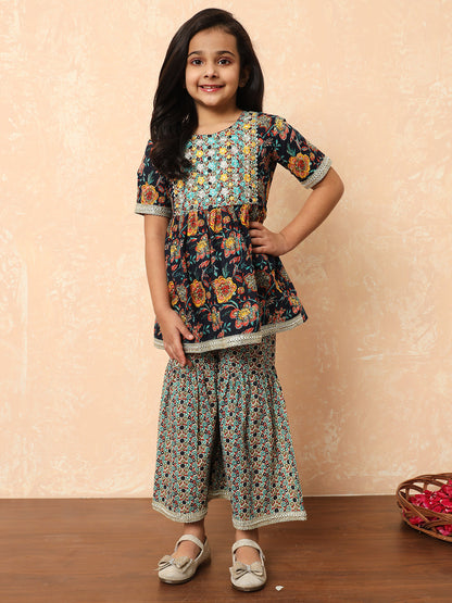 Girls Frock Style Cotton Fabric Navy Blue Color Printed Kurti And Sharara With Mirror And Thread Work