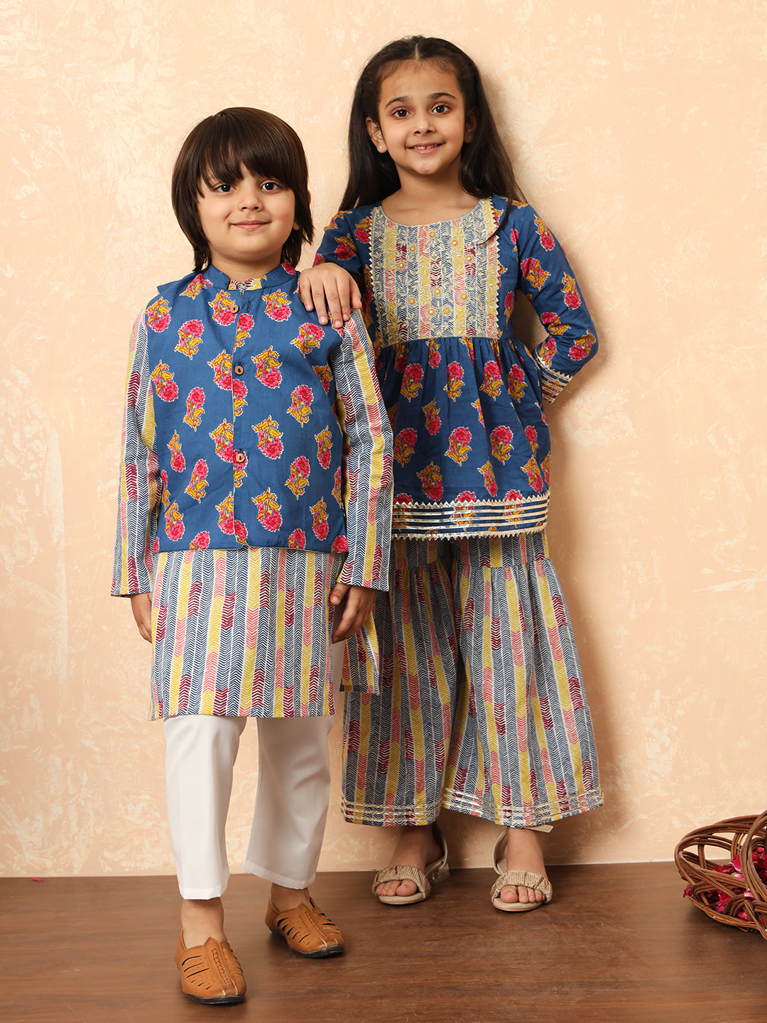 Girls Frock Style Cotton Fabric Blue Color Printed Kurti And Sharara With Zari And Gotta Lace Work
