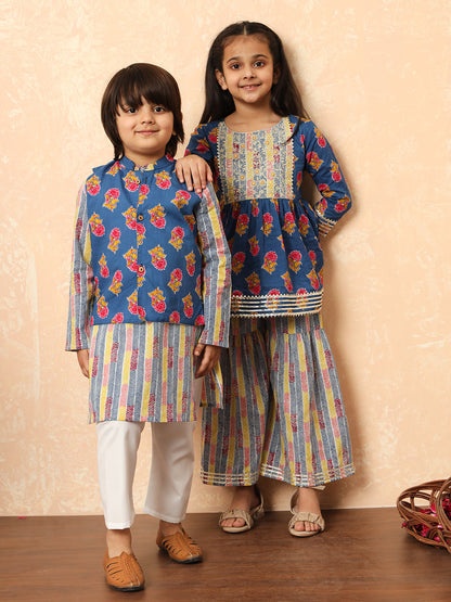 Girls Frock Style Cotton Fabric Blue Color Printed Kurti And Sharara With Zari And Gotta Lace Work