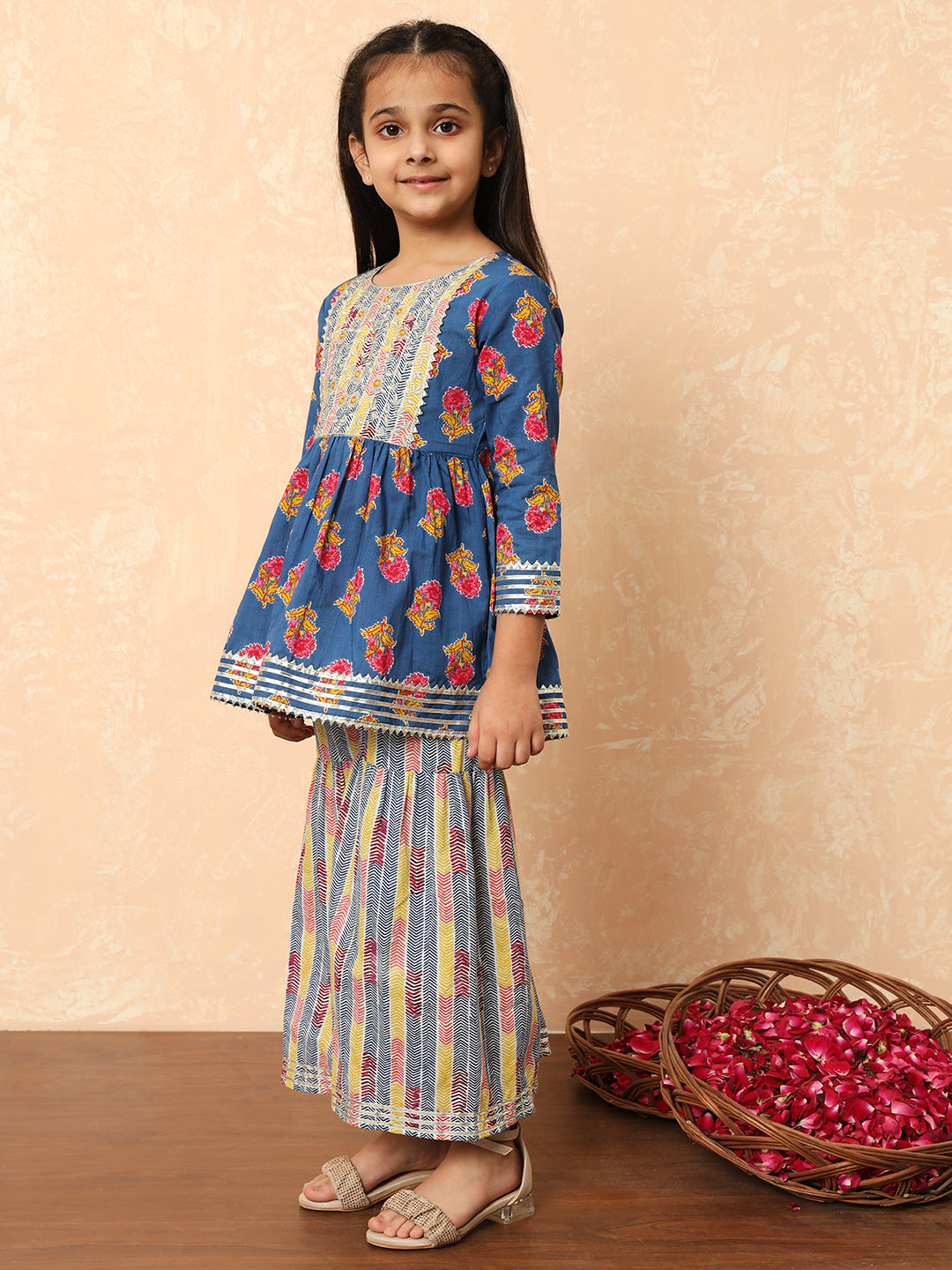 Girls Frock Style Cotton Fabric Blue Color Printed Kurti And Sharara With Zari And Gotta Lace Work